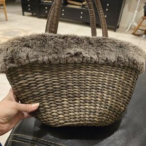 Bath & Body Works Brown Woven Tote with Fur Trim